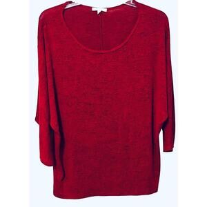 DON’T STOP BELIEVING LONG DOLMAN SLEEVE TOP, WOMENS, 1X-VARIEGATED RED, RND NECK